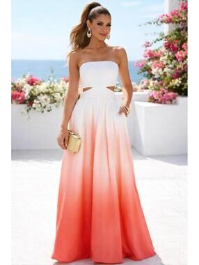 White Coral Ombre Strapless Maxi Gown Cutout Waist Formal Elegant Sz 0 Decode XS